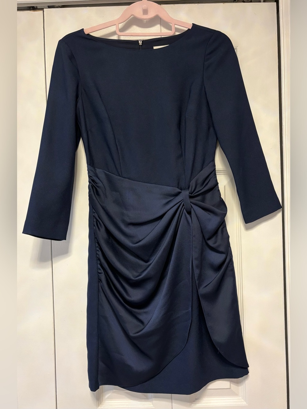 Eliza J Navy Knot-Detail Ruched Long-Sleeve Dress